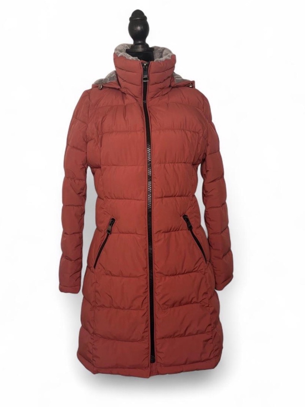 Andrew Marc Long Quilted Puffer Coat in Rusty Terracottay size S CORAL ORANGE